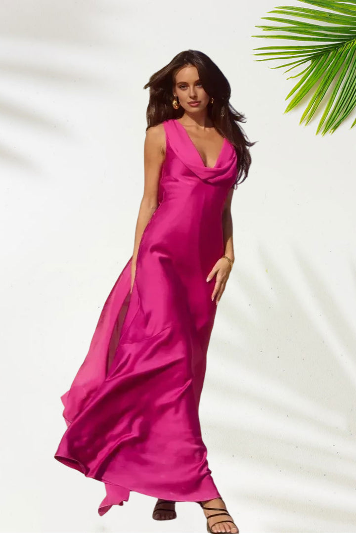 Sophisticated Graceful Stylish Refined Elegant Gold Satin Cowl Sleeveless Floor-Length Prom Dress