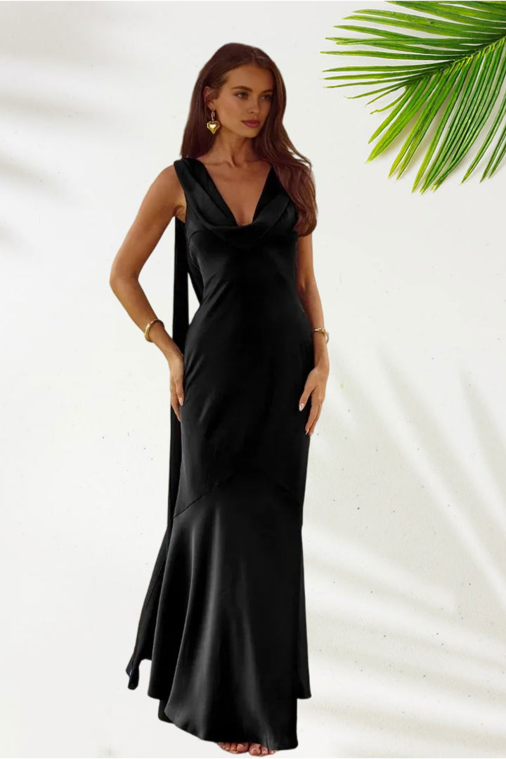 Sophisticated Graceful Stylish Refined Elegant Gold Satin Cowl Sleeveless Floor-Length Prom Dress