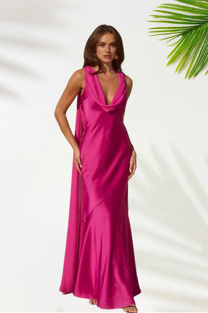 Sophisticated Graceful Stylish Refined Elegant Gold Satin Cowl Sleeveless Floor-Length Prom Dress