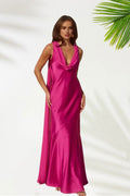 Sophisticated Graceful Stylish Refined Elegant Gold Satin Cowl Sleeveless Floor-Length Prom Dress