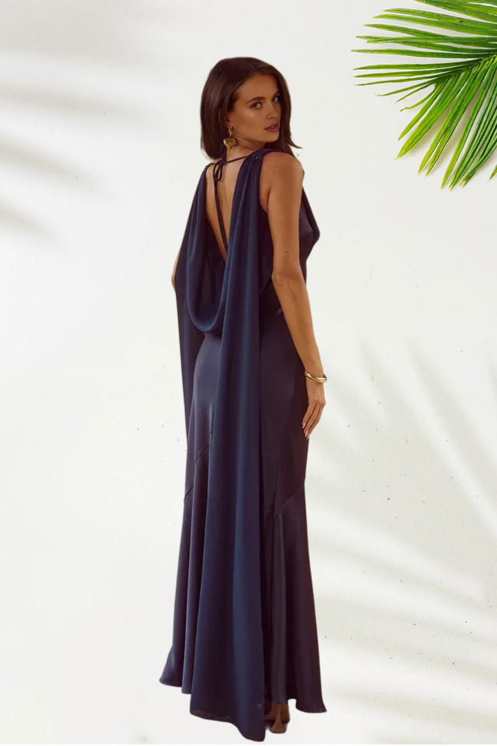 Sophisticated Graceful Stylish Refined Elegant Gold Satin Cowl Sleeveless Floor-Length Prom Dress
