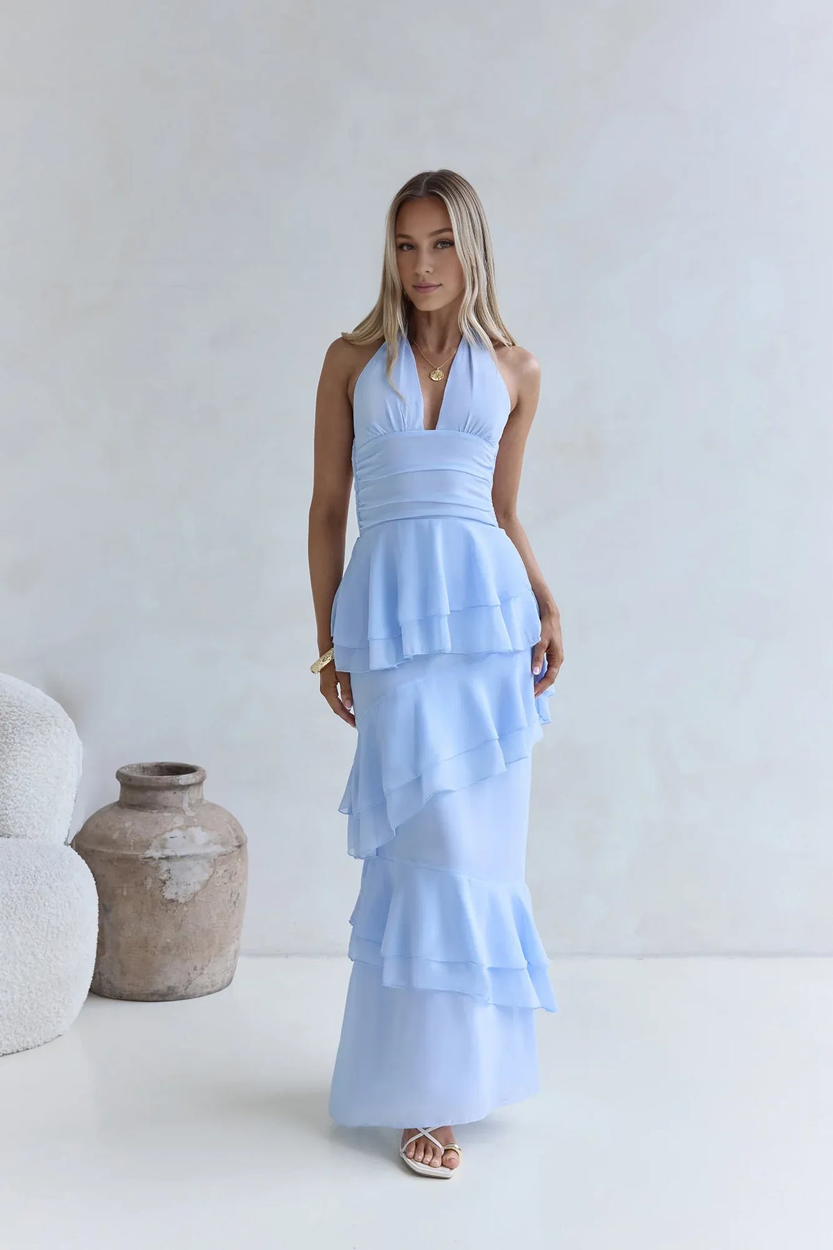 Beautiful Timeless Special Occasion Elegant Sky Blue Halter Sleeveless Floor-Length Cocktail Dress