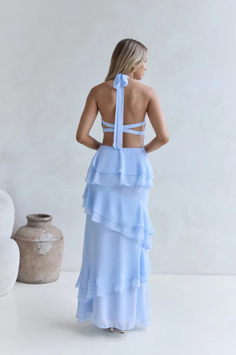Beautiful Timeless Special Occasion Elegant Sky Blue Halter Sleeveless Floor-Length Cocktail Dress