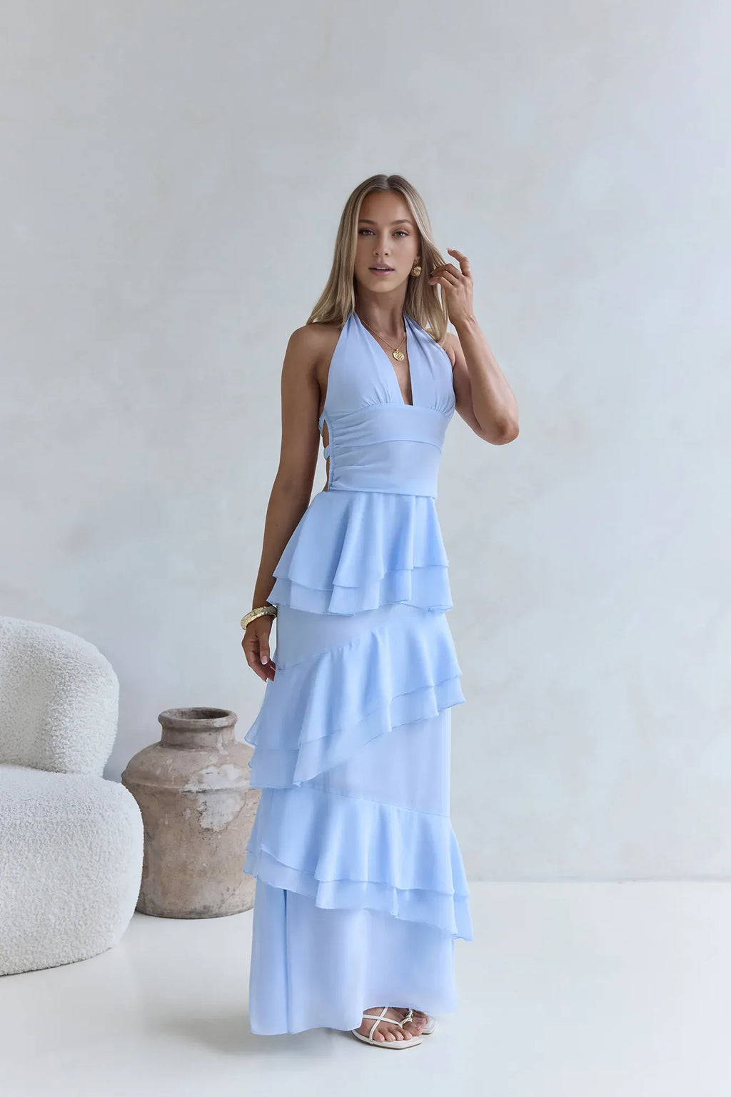 Beautiful Timeless Special Occasion Elegant Sky Blue Halter Sleeveless Floor-Length Cocktail Dress