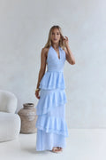 Beautiful Timeless Special Occasion Elegant Sky Blue Halter Sleeveless Floor-Length Cocktail Dress