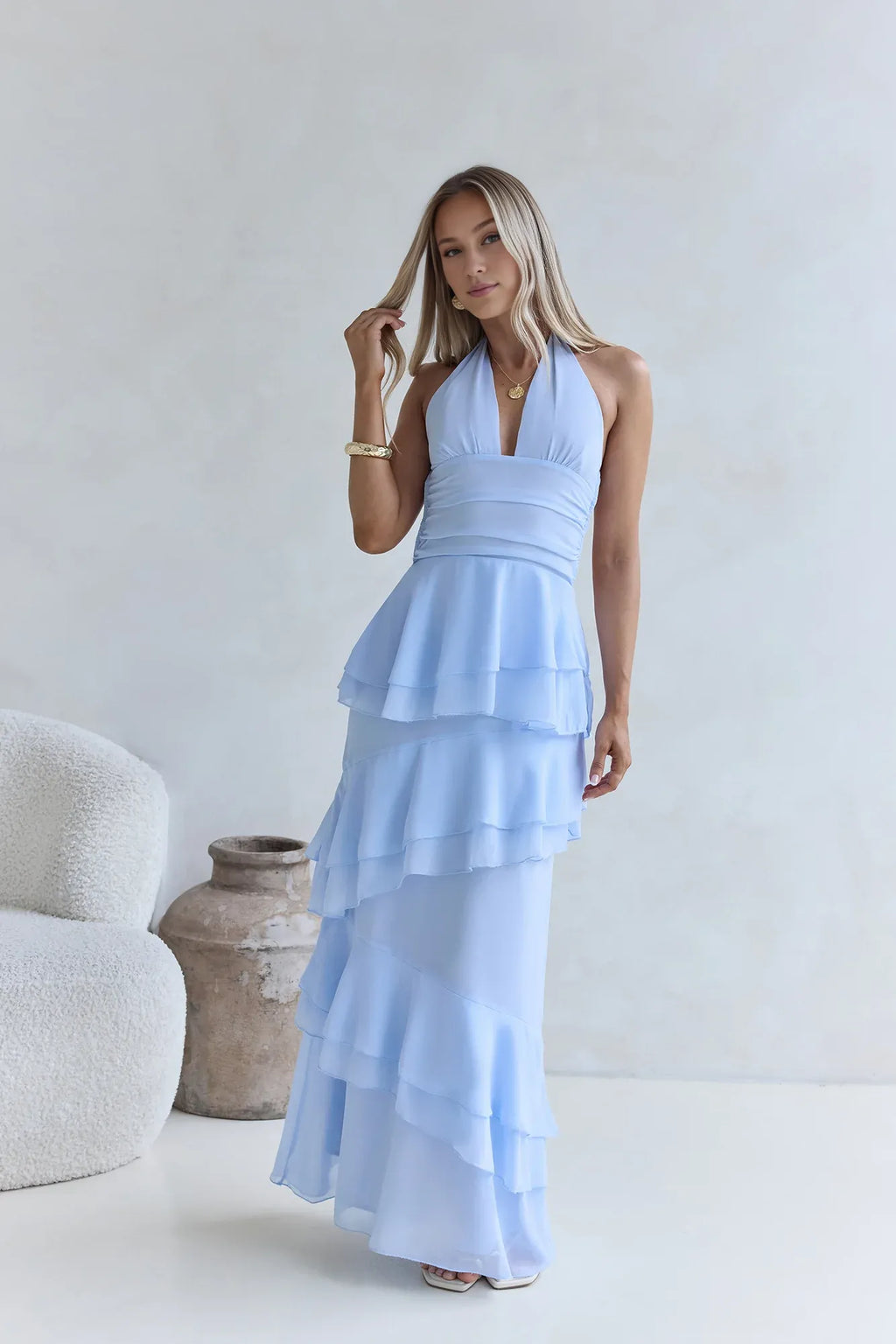Beautiful Timeless Special Occasion Elegant Sky Blue Halter Sleeveless Floor-Length Cocktail Dress