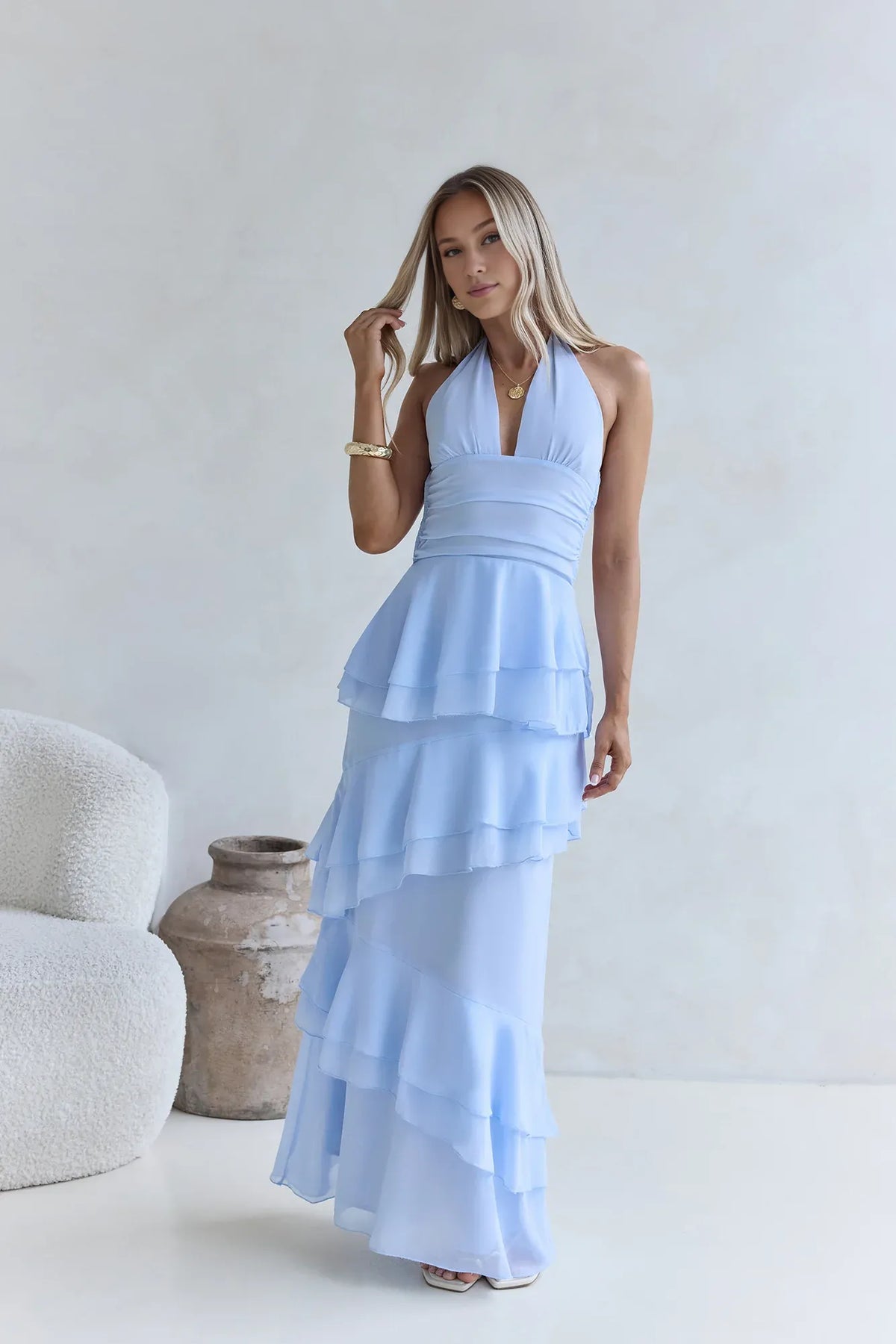 Beautiful Timeless Special Occasion Elegant Sky Blue Halter Sleeveless Floor-Length Cocktail Dress
