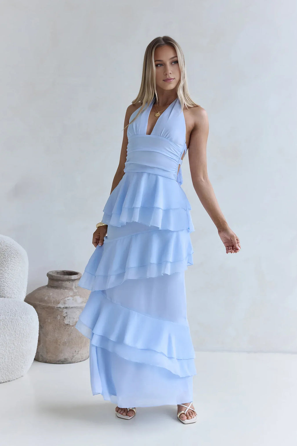 Beautiful Timeless Special Occasion Elegant Sky Blue Halter Sleeveless Floor-Length Cocktail Dress