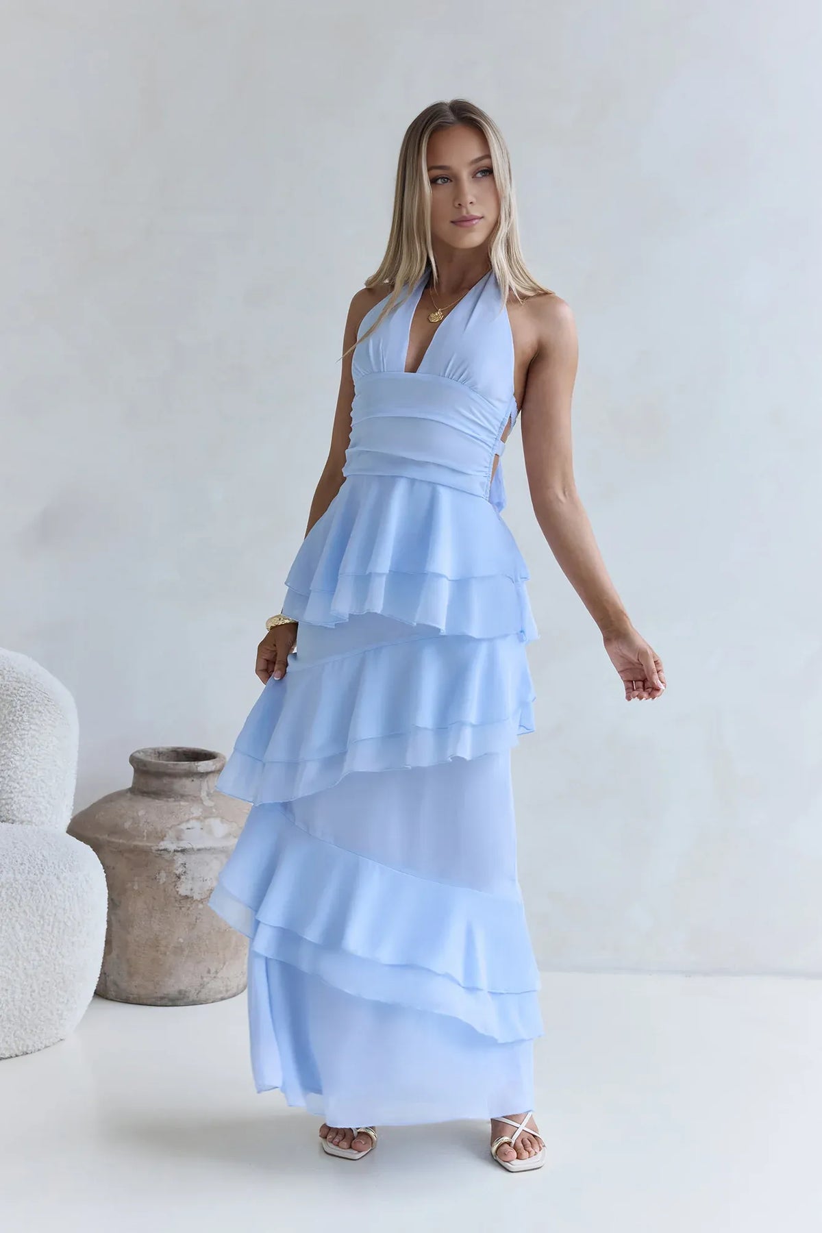 Beautiful Timeless Special Occasion Elegant Sky Blue Halter Sleeveless Floor-Length Cocktail Dress