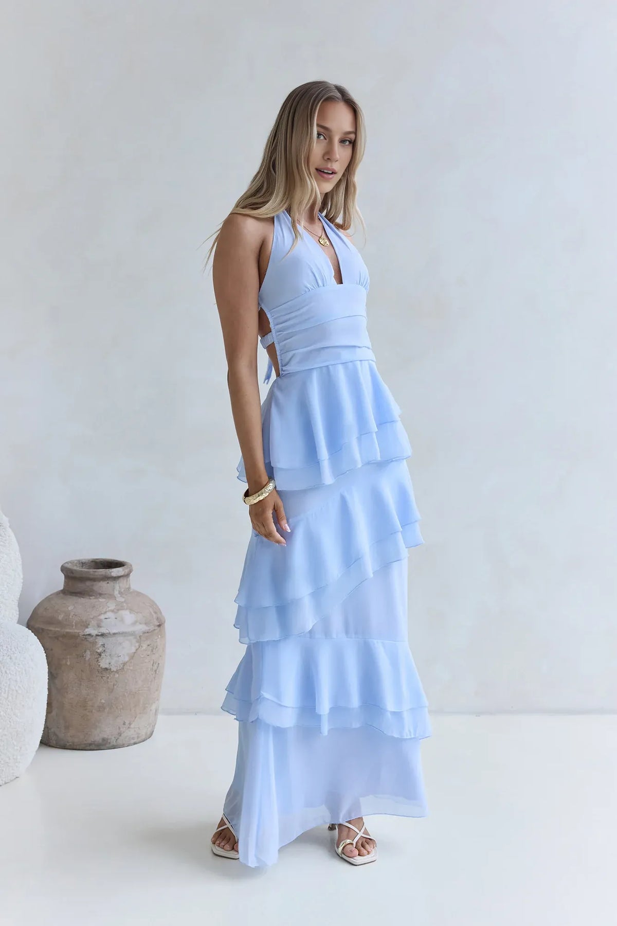 Beautiful Timeless Special Occasion Elegant Sky Blue Halter Sleeveless Floor-Length Cocktail Dress