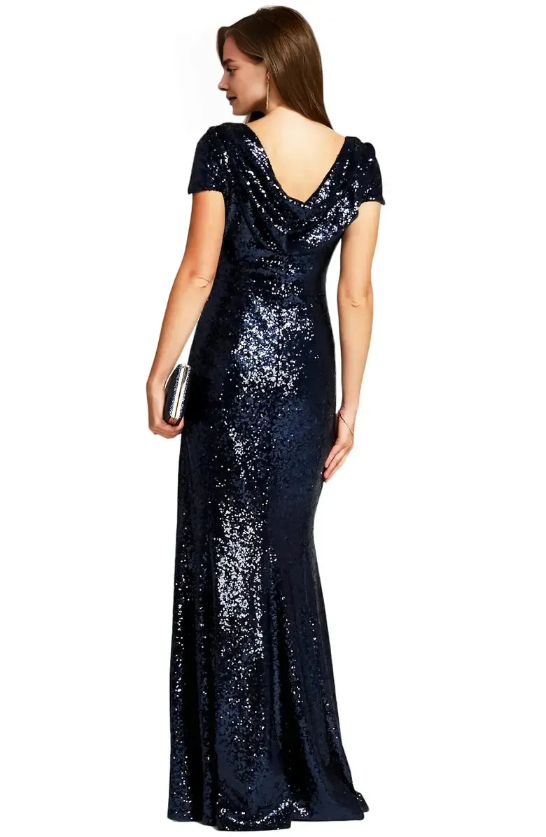 Refined Beautiful Timeless Chic Elegant Navy Blue Sequin Mermaid Floor-Length Prom Dress
