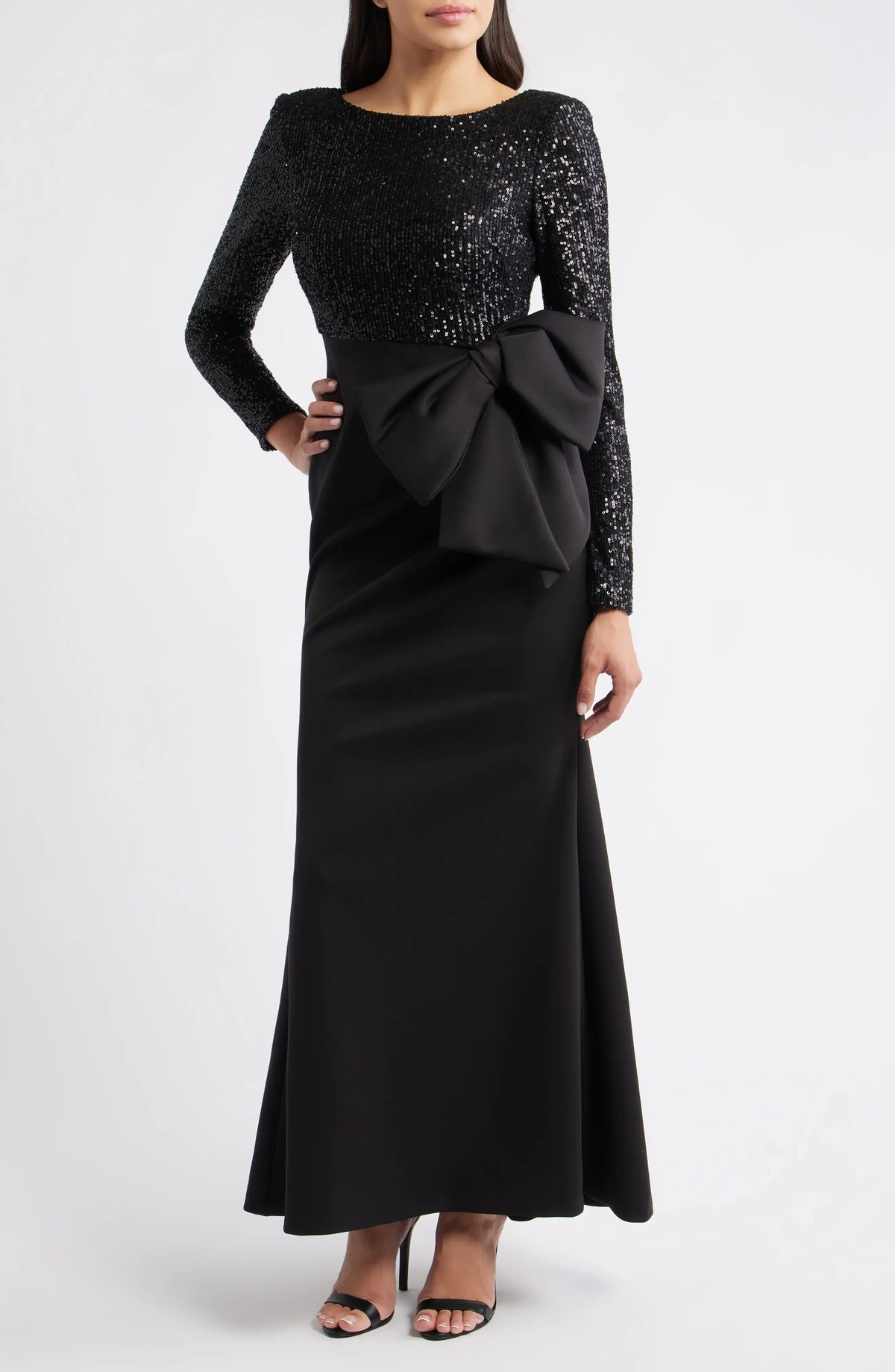 Stylish Refined Beautiful Elegant Black Sequin Mermaid Long Sleeve Floor-Length Prom Dress