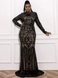 Sophisticated Elegant Black Lace Mermaid High Neck Long Sleeve Long Prom Dress