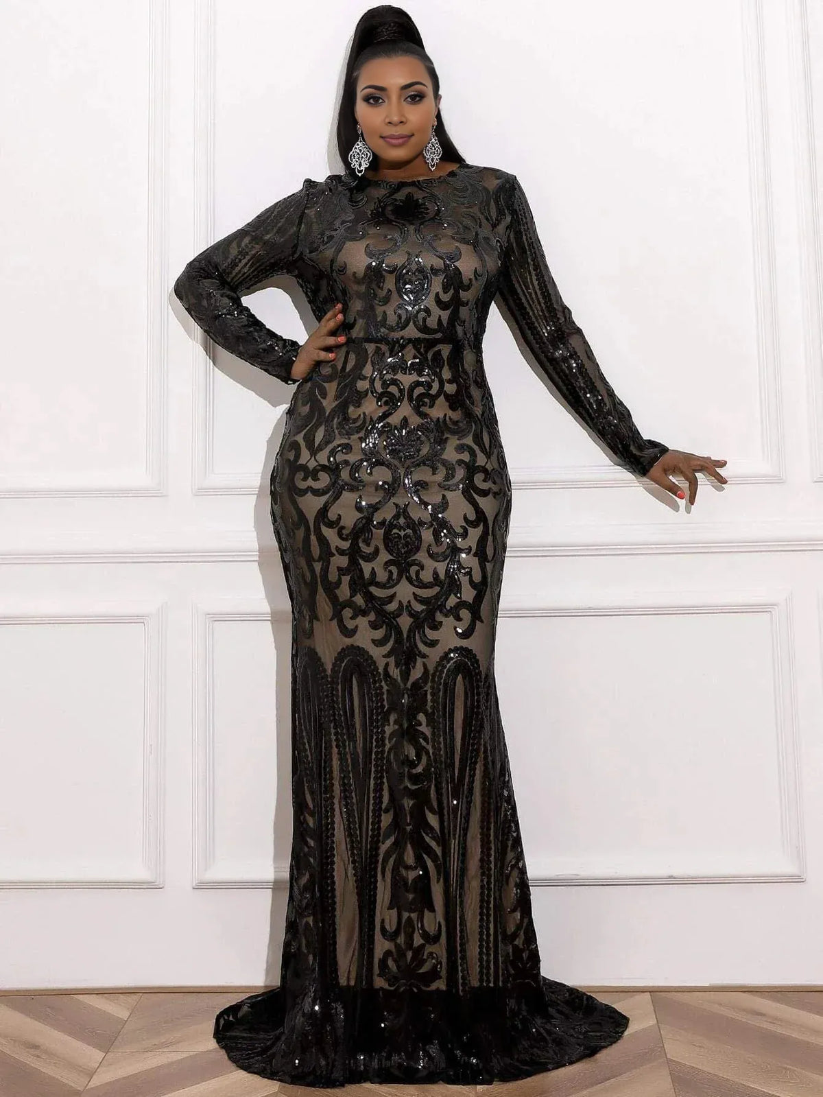 Sophisticated Elegant Black Lace Mermaid High Neck Long Sleeve Long Prom Dress