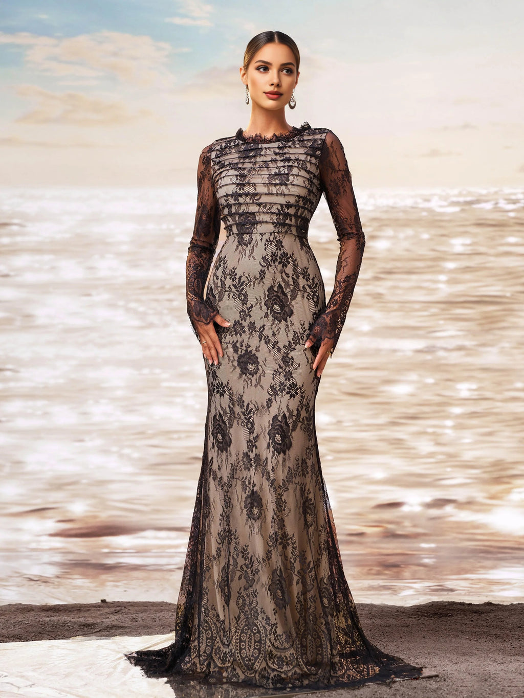 Stylish Elegant Black Lace Mermaid High Neck Long Sleeve Long Prom Dress