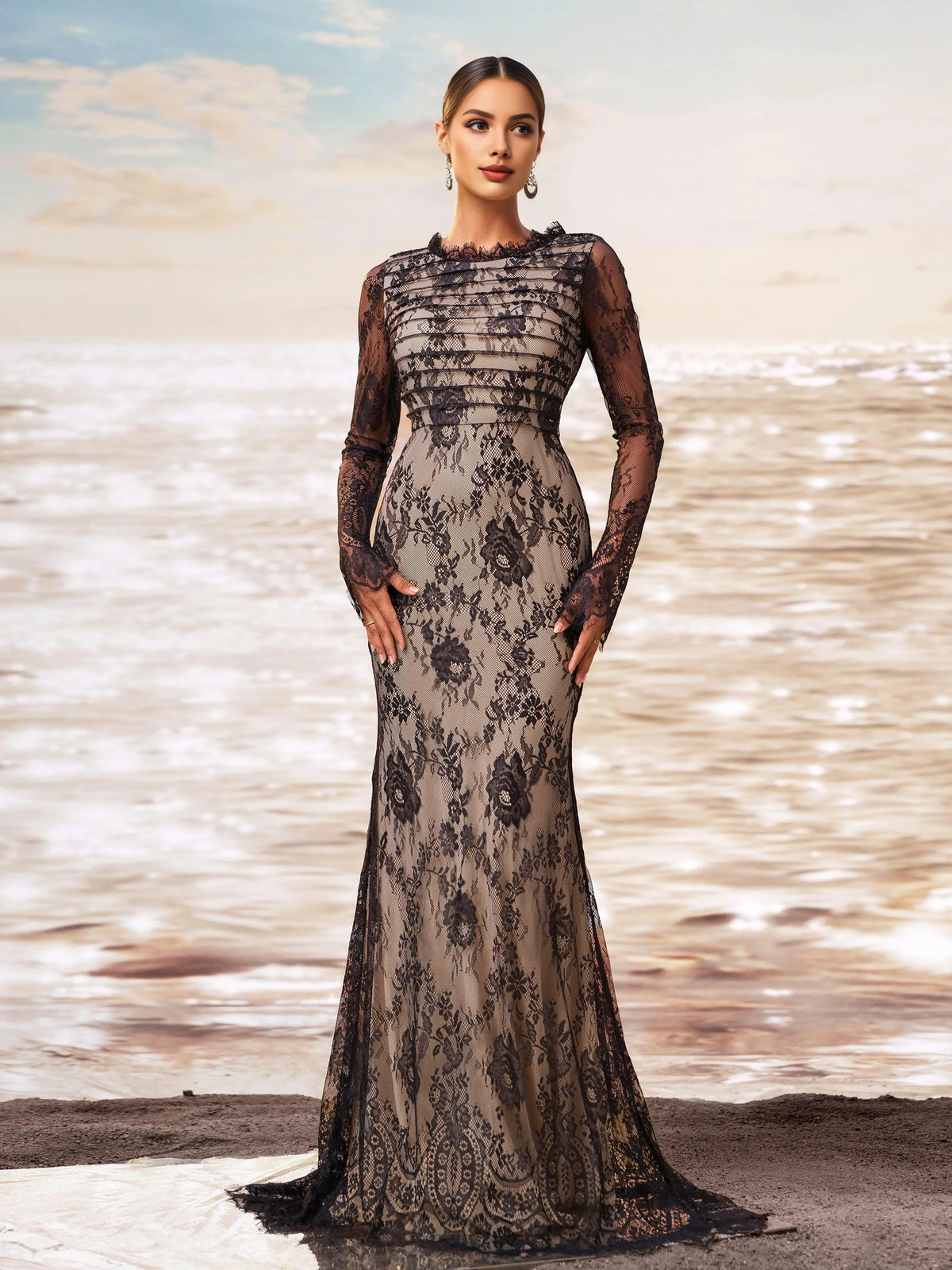 Stylish Elegant Black Lace Mermaid High Neck Long Sleeve Long Prom Dress