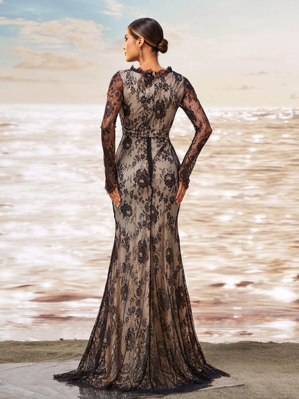 Stylish Elegant Black Lace Mermaid High Neck Long Sleeve Long Prom Dress