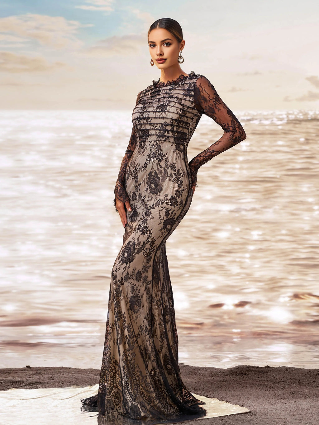 Stylish Elegant Black Lace Mermaid High Neck Long Sleeve Long Prom Dress