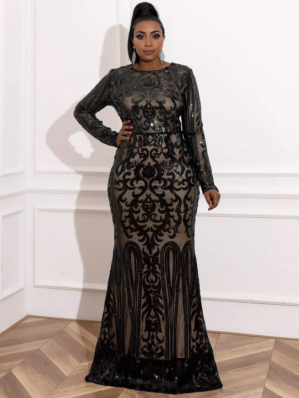 Sophisticated Elegant Black Lace Mermaid High Neck Long Sleeve Long Prom Dress