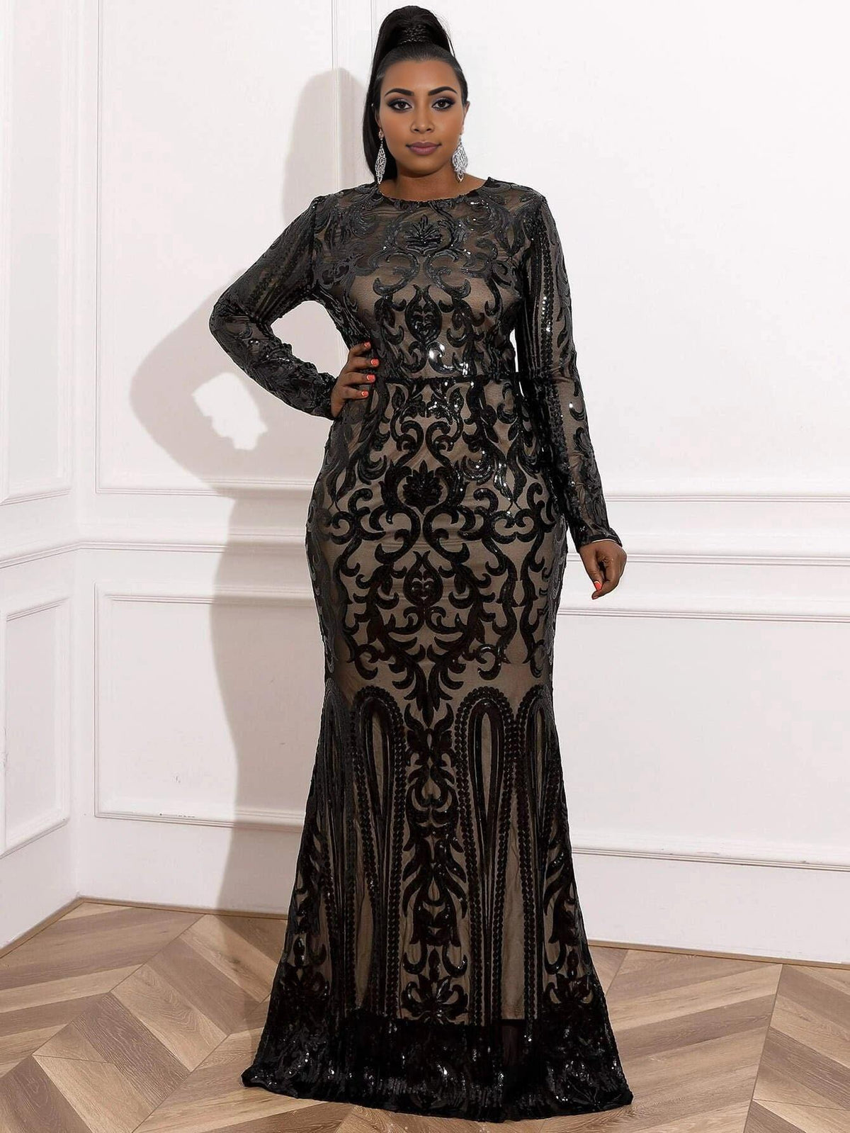 Sophisticated Elegant Black Lace Mermaid High Neck Long Sleeve Long Prom Dress