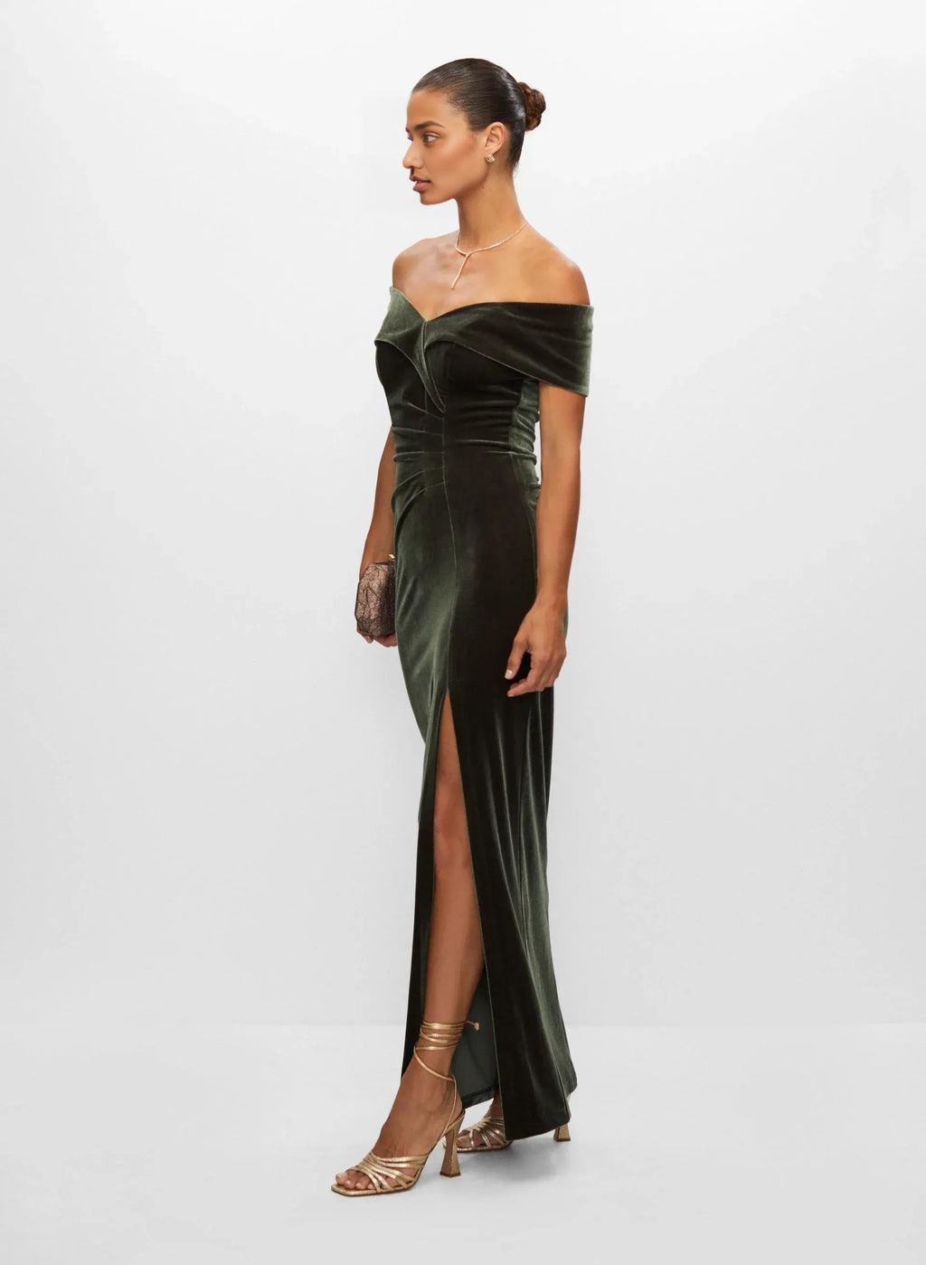 Beautiful Timeless Elegant Olive Green Velvet Mermaid Off-The-Shoulder Sleeveless Floor-Length Prom Dress