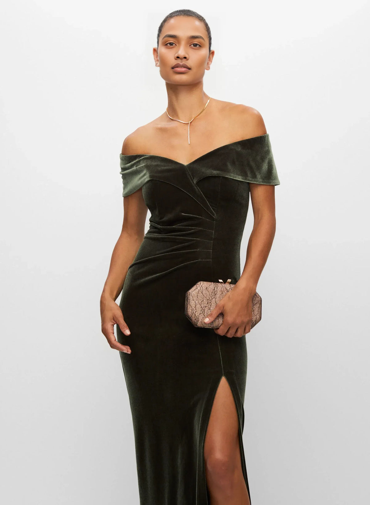 Beautiful Timeless Elegant Olive Green Velvet Mermaid Off-The-Shoulder Sleeveless Floor-Length Prom Dress