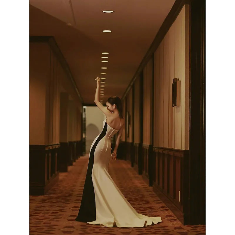 Black Mermaid Strapless Sleeveless Two-tone White Maxi Prom Dress for Women Custom