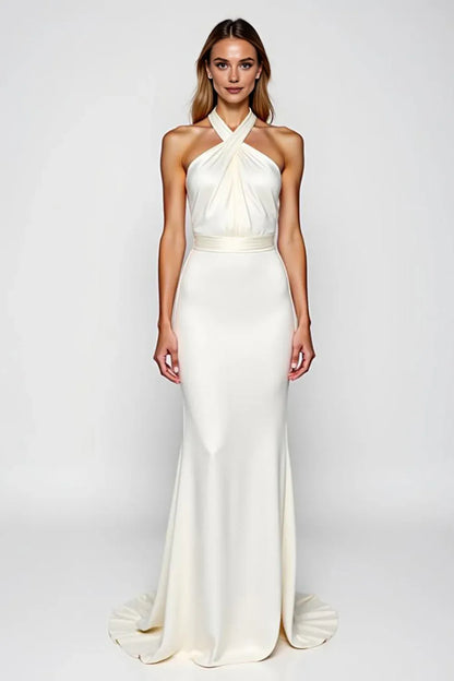Beautiful Timeless Special Occasion Elegant Ivory Satin Mermaid Halter Sleeveless Evening Dress