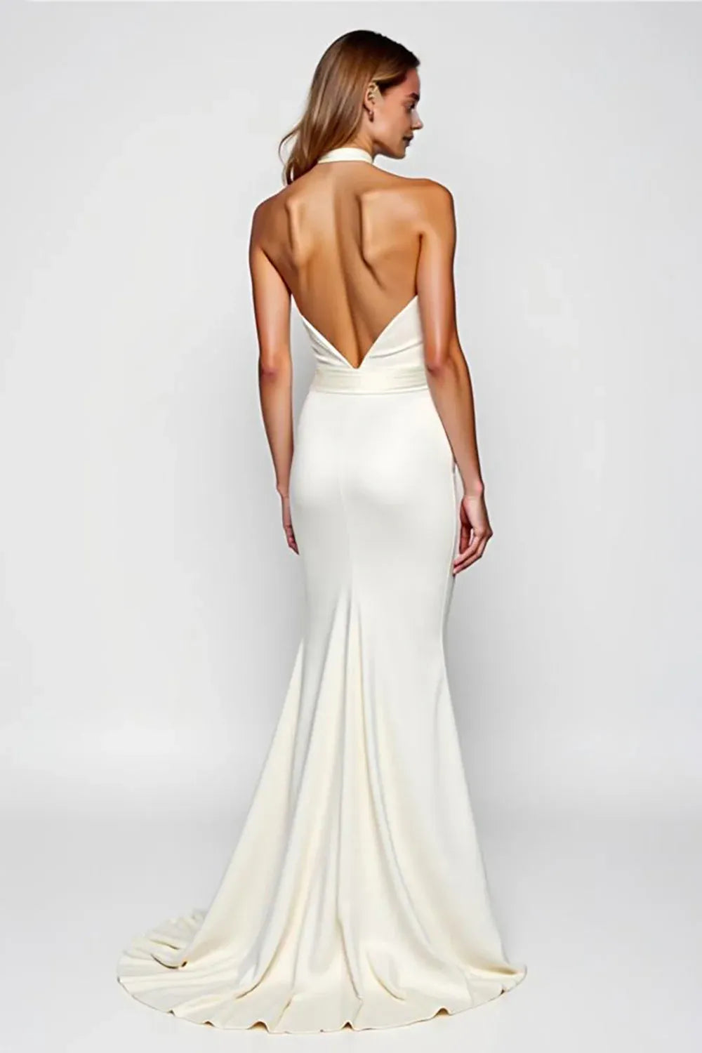 Beautiful Timeless Special Occasion Elegant Ivory Satin Mermaid Halter Sleeveless Evening Dress