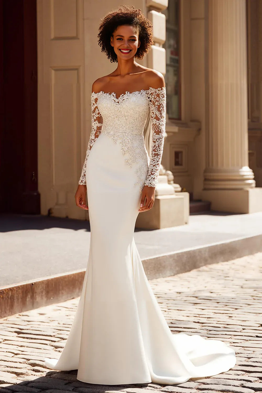 Stylish Refined Beautiful Elegant Ivory Satin Mermaid Long Sleeve Long Wedding Dress