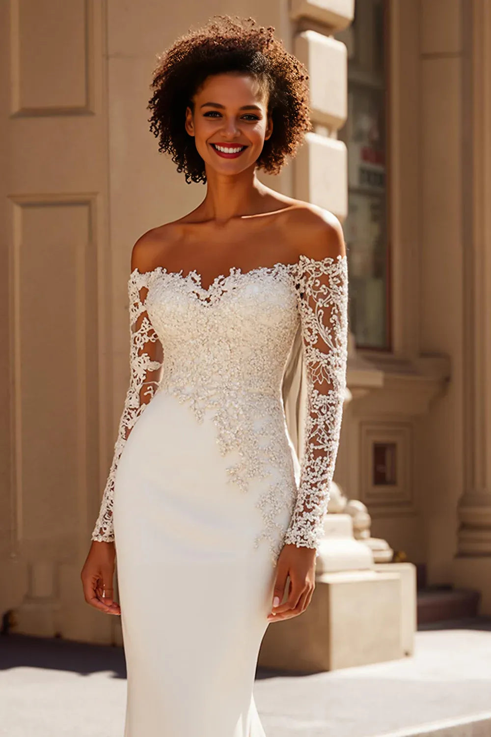 Stylish Refined Beautiful Elegant Ivory Satin Mermaid Long Sleeve Long Wedding Dress