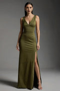 Special Occasion Sophisticated Graceful Elegant Olive Green Satin Mermaid V-Neck Sleeveless Prom Dress