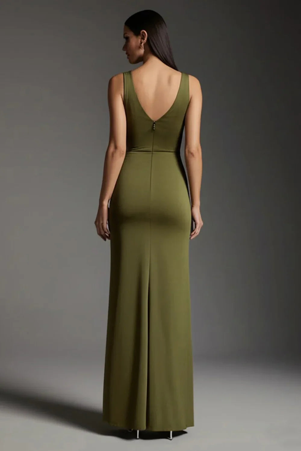 Special Occasion Sophisticated Graceful Elegant Olive Green Satin Mermaid V-Neck Sleeveless Prom Dress