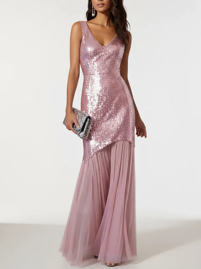 Refined Beautiful Timeless Elegant Blush Pink Tulle Mermaid Sleeveless Floor-Length Prom Dress
