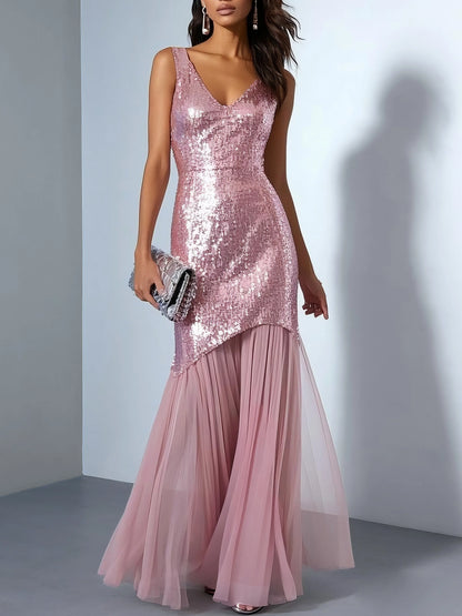 Refined Beautiful Timeless Elegant Blush Pink Tulle Mermaid Sleeveless Floor-Length Prom Dress