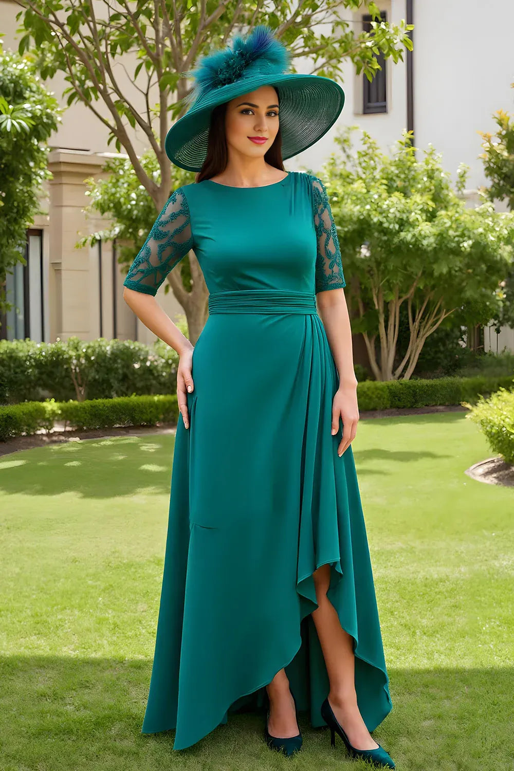 Elegant Green Lace Sheath Short Sleeve Floor-Length Mother of the Bride Dress
