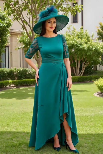 Elegant Green Lace Sheath Short Sleeve Floor-Length Mother of the Bride Dress