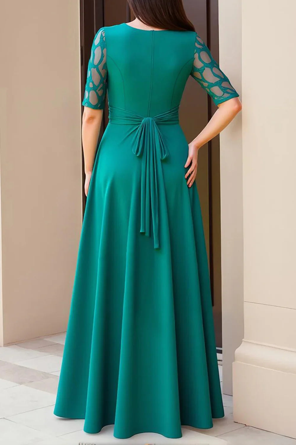 Elegant Green Lace Sheath Short Sleeve Floor-Length Mother of the Bride Dress