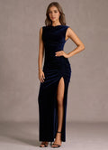 Refined Beautiful Elegant Navy Blue Velvet Sheath Cowl Sleeveless Floor-Length Evening Dress