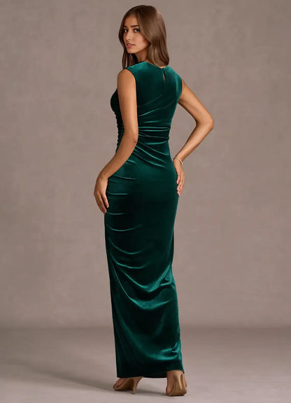 Refined Beautiful Elegant Navy Blue Velvet Sheath Cowl Sleeveless Floor-Length Evening Dress