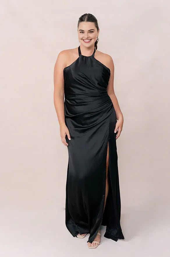 Graceful Stylish Refined Elegant Black Satin Sheath Halter Sleeveless Floor-Length Prom Dress