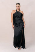 Graceful Stylish Refined Elegant Black Satin Sheath Halter Sleeveless Floor-Length Prom Dress