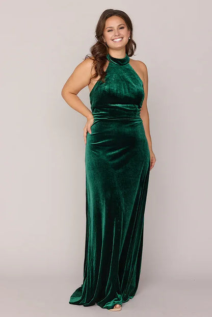 Stylish Elegant Emerald Green Velvet Sheath High Neck Sleeveless Floor-Length Prom Dress