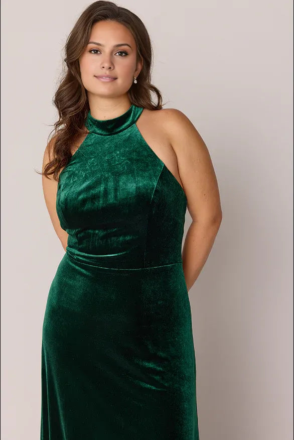 Stylish Elegant Emerald Green Velvet Sheath High Neck Sleeveless Floor-Length Prom Dress