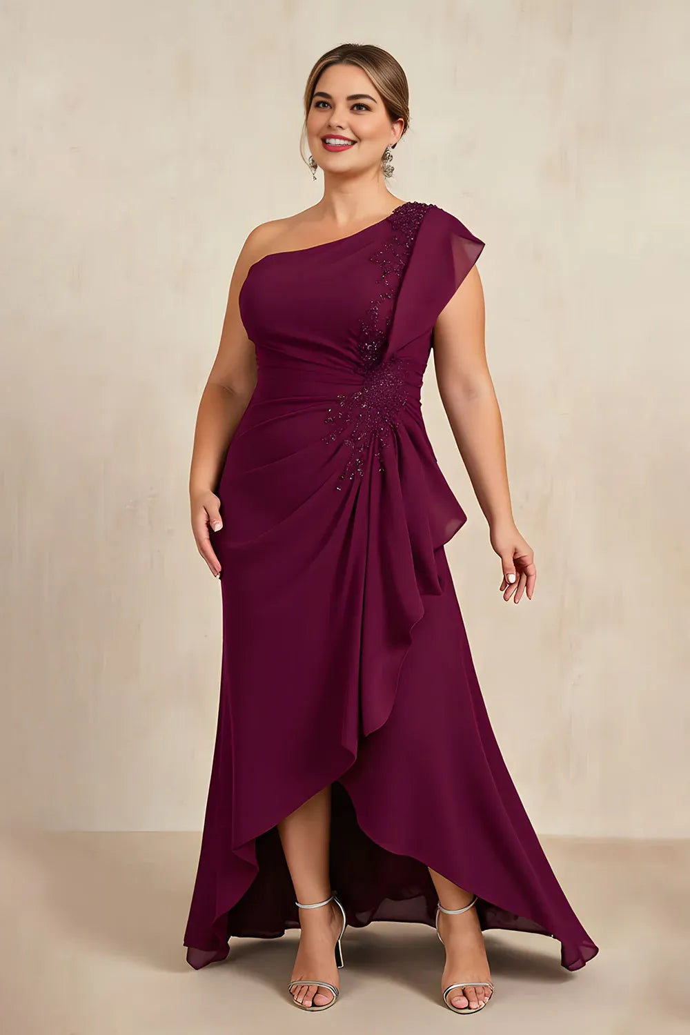 Elegant Burgundy Chiffon Sheath Asymmetric Sleeveless Floor-Length Mother of the Bride Dress
