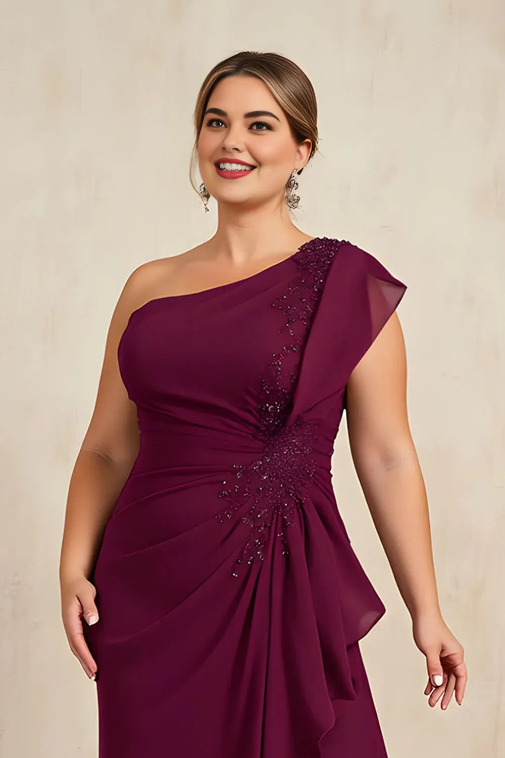 Elegant Burgundy Chiffon Sheath Asymmetric Sleeveless Floor-Length Mother of the Bride Dress