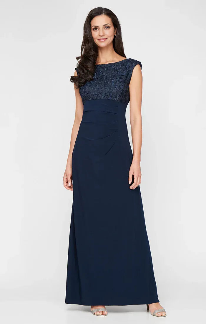 Elegant Navy Blue Satin Sheath Scoop Neck Floor-Length Mother of the Bride Dress