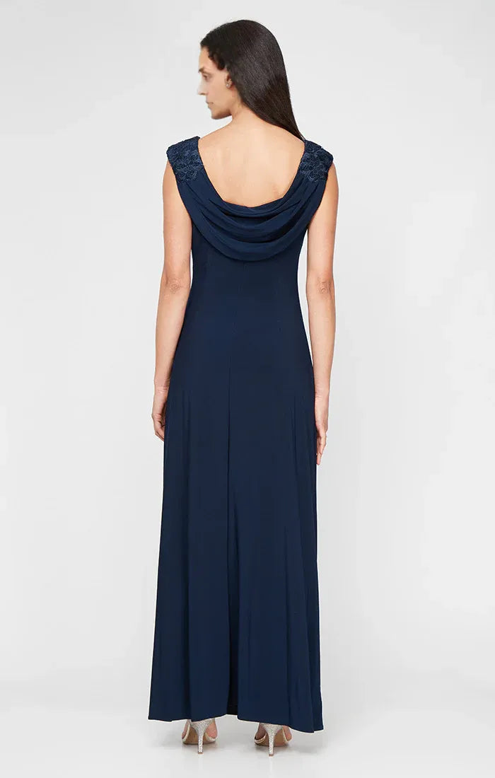 Elegant Navy Blue Satin Sheath Scoop Neck Floor-Length Mother of the Bride Dress