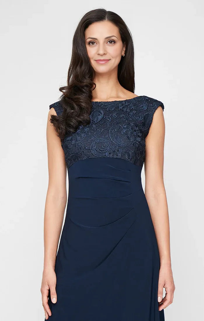 Elegant Navy Blue Satin Sheath Scoop Neck Floor-Length Mother of the Bride Dress