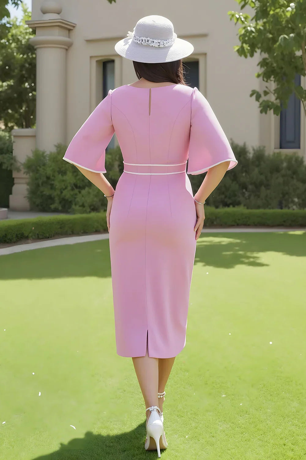 Elegant Blush Pink Sheath V-Neck Short Sleeve Tea-Length Mother of the Bride Dress